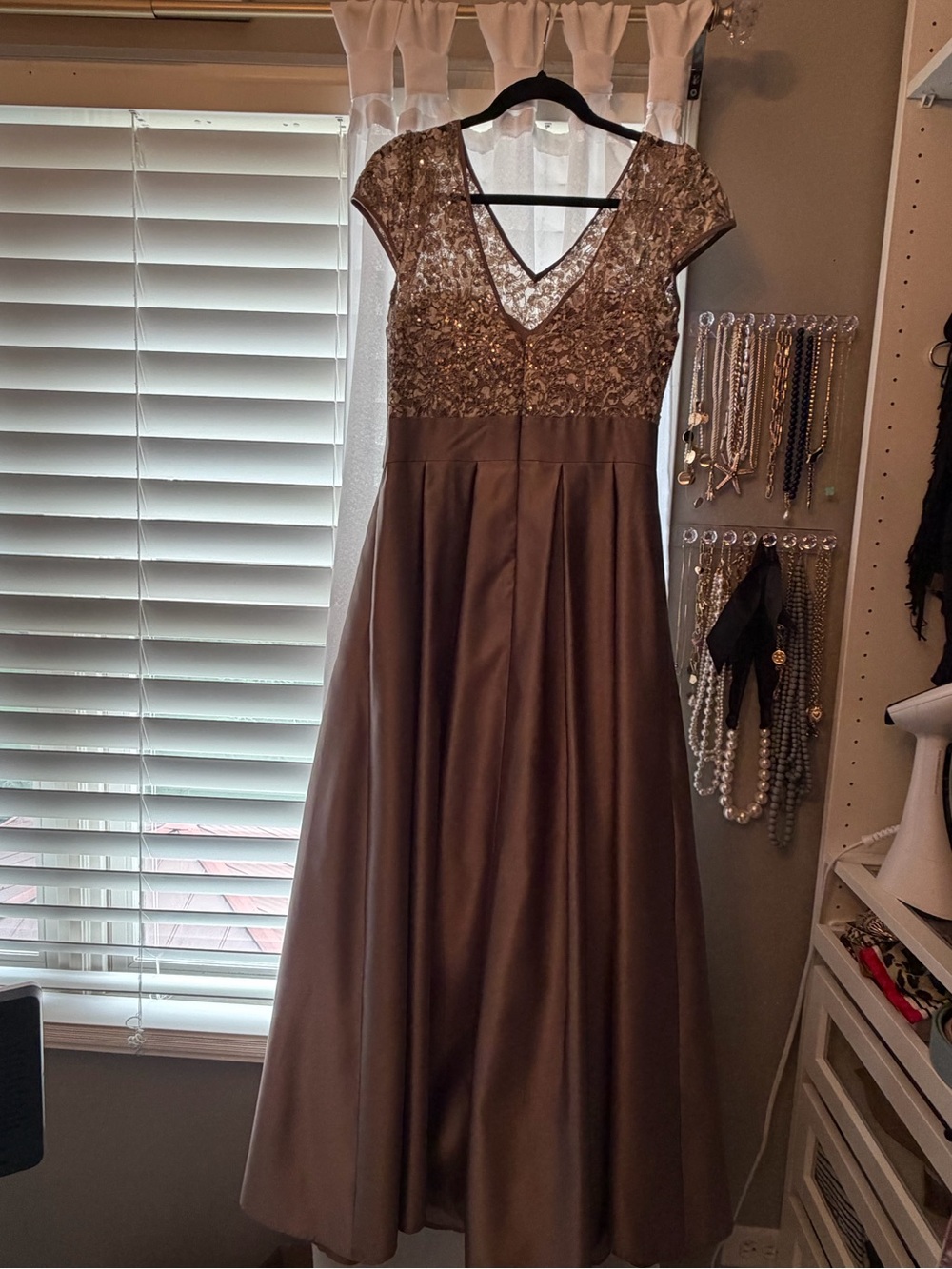 Xscape Taupe Satin Maxi Dress with Embroidered Bodice - Picture 3 of 12